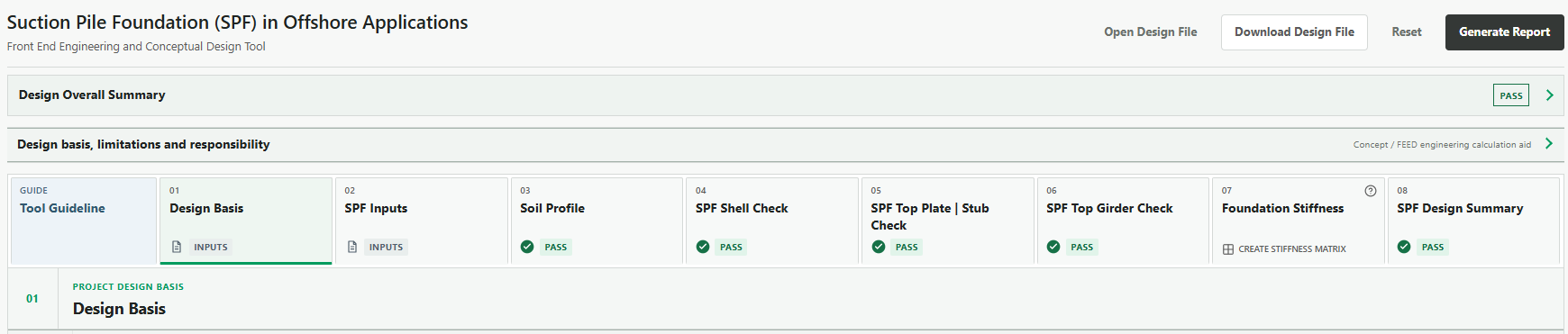 Suction pile calculator workspace showing design file and report actions, the overall design summary and navigation for design basis, inputs, soil profile, structural checks, foundation stiffness and design summary.